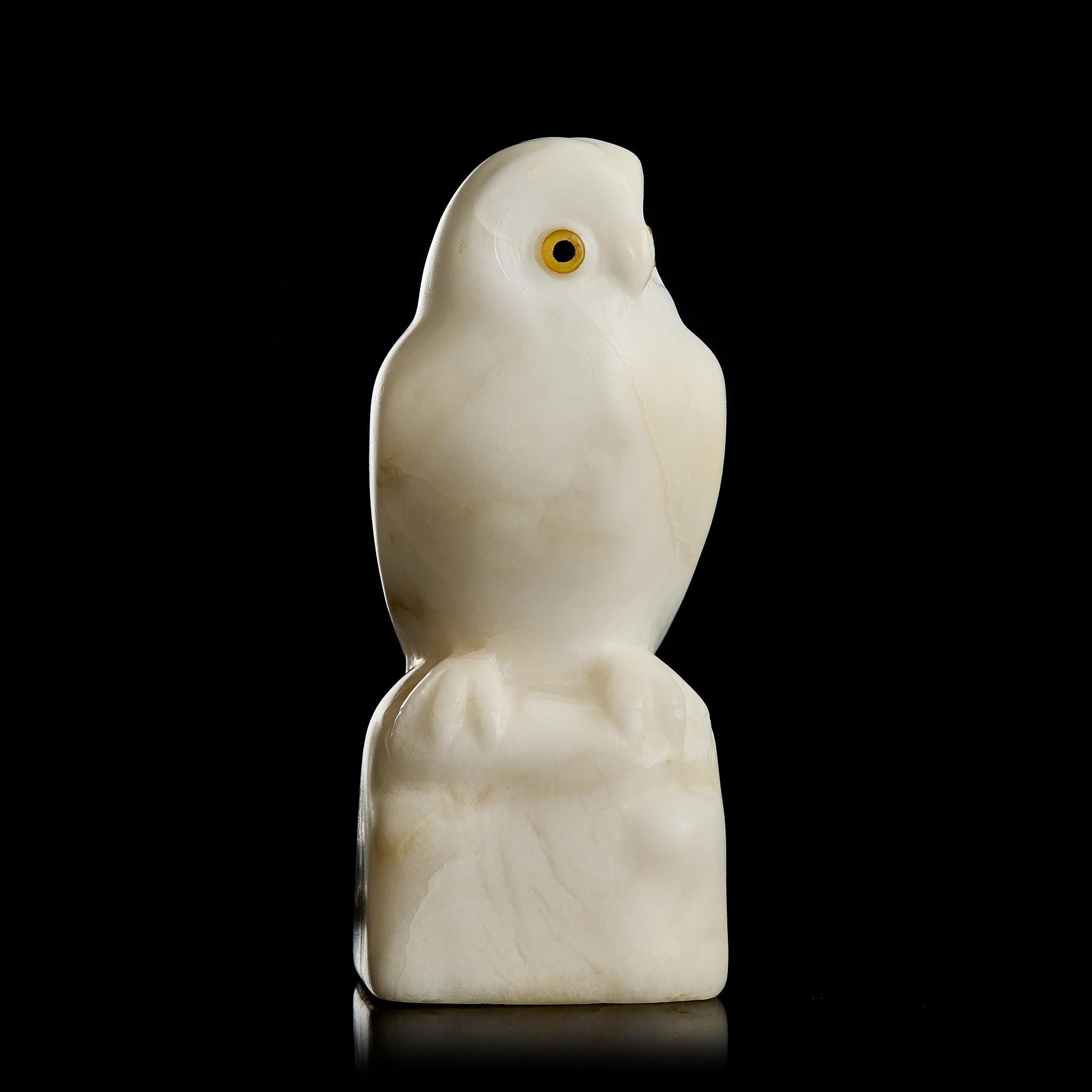 🦉 Antique White Northern Owl Figurine | Carved White Marble & Natural Amber Eyes