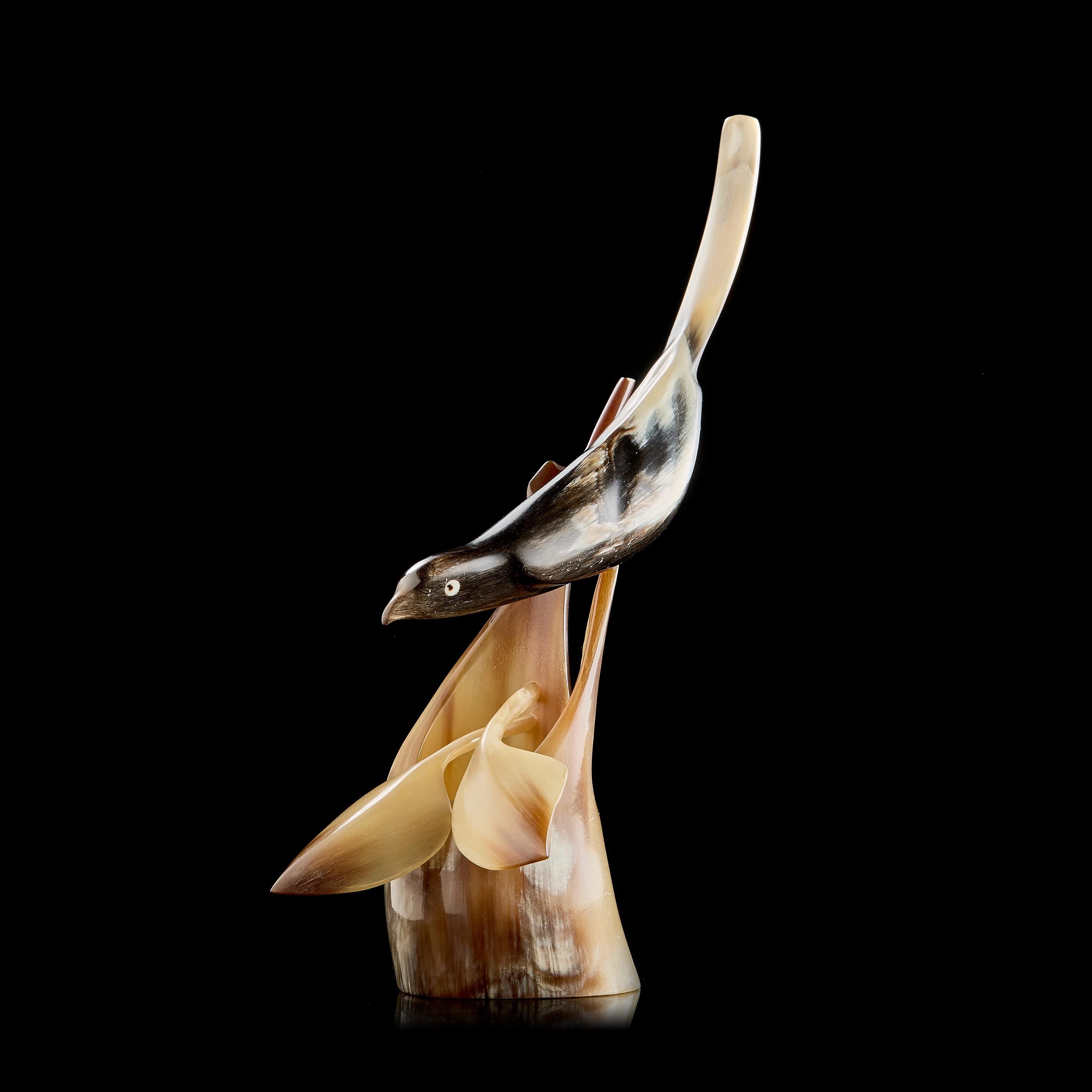 Vintage Horn Carving: Bird Figurine on Pedestal | USSR 1950s–60s, Chukchi/Yakut Art