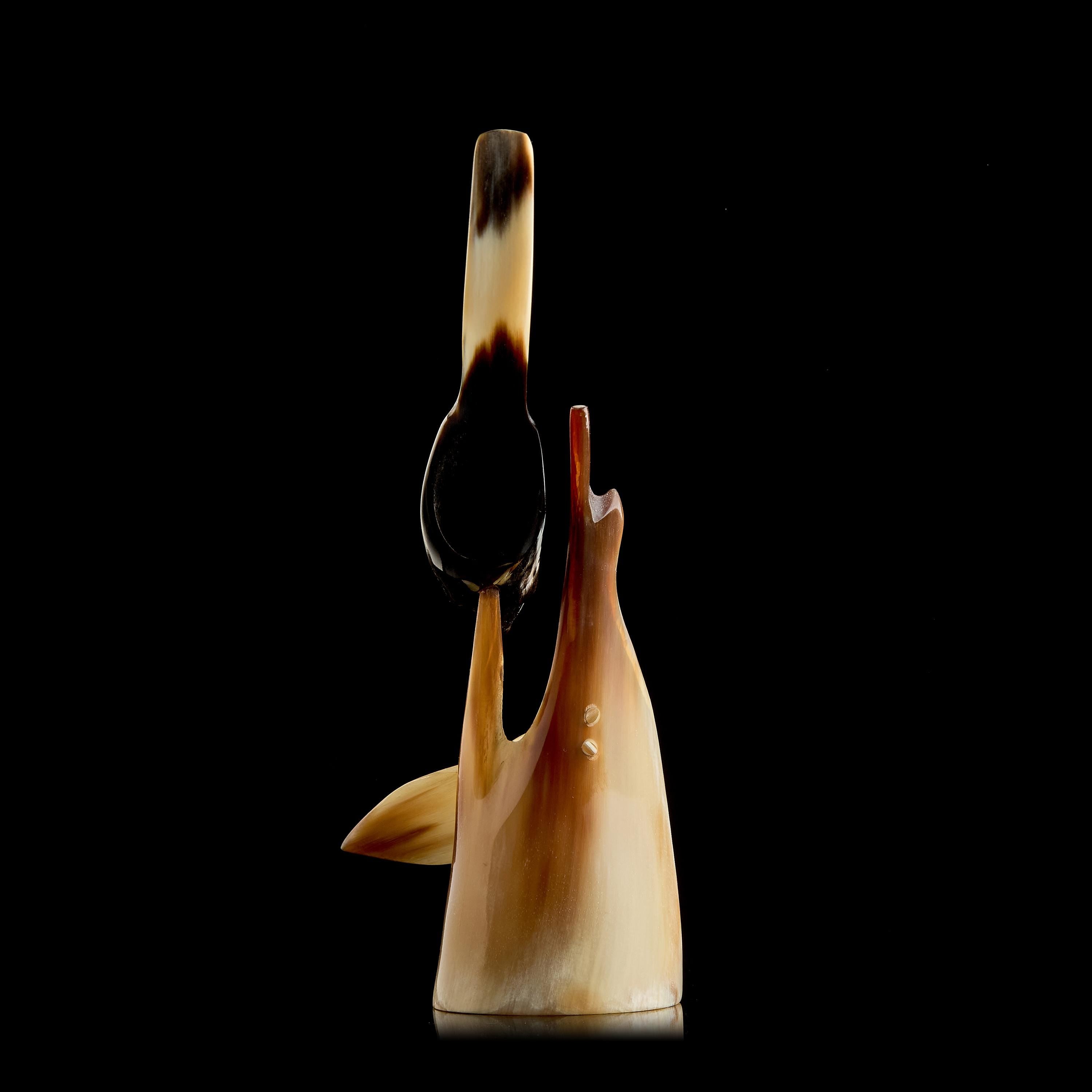 Vintage Horn Carving: Bird Figurine on Pedestal | USSR 1950s–60s, Chukchi/Yakut Art