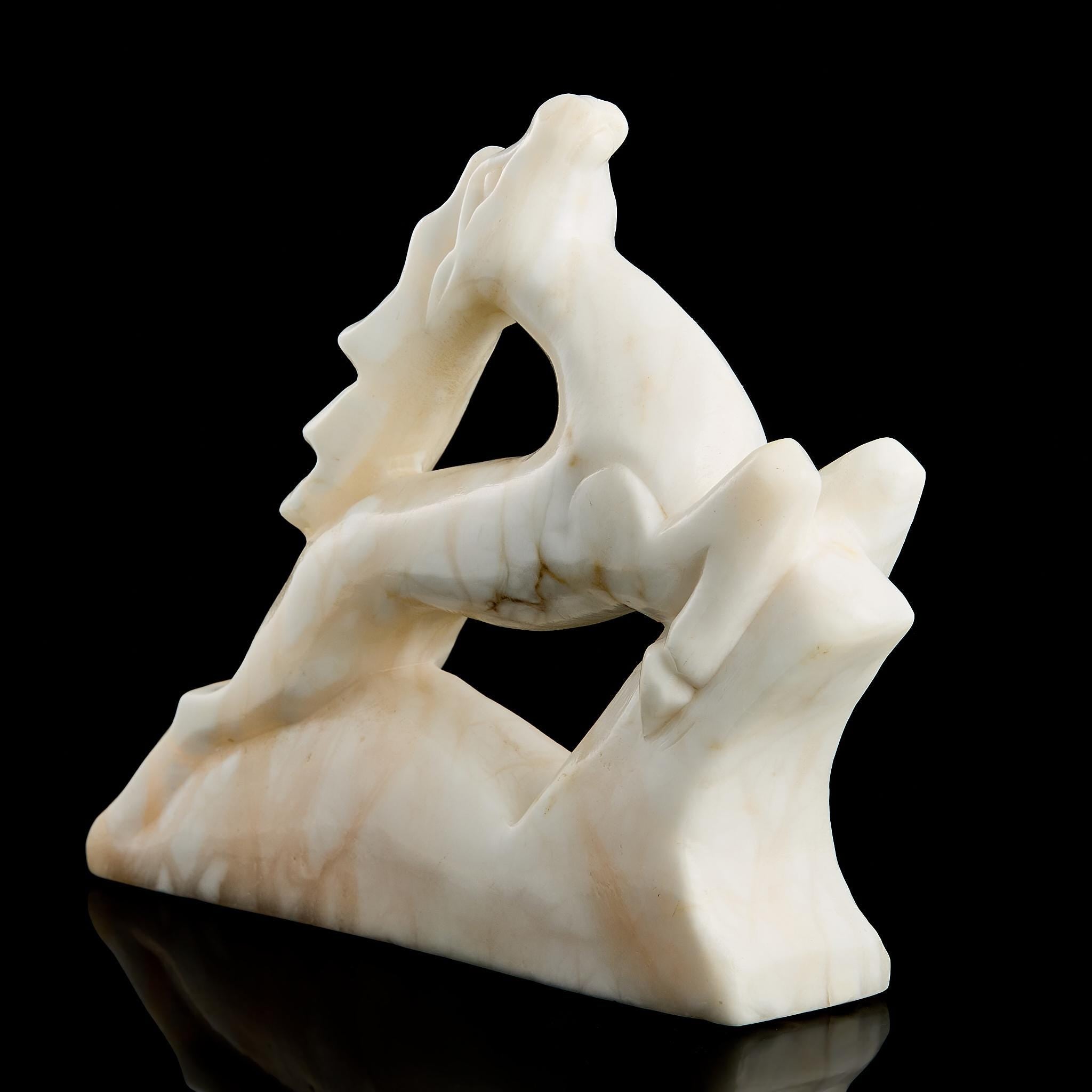 Large Vintage Inuit Arctic Reindeer Figurine | Carved White Marble, Yupik Craft