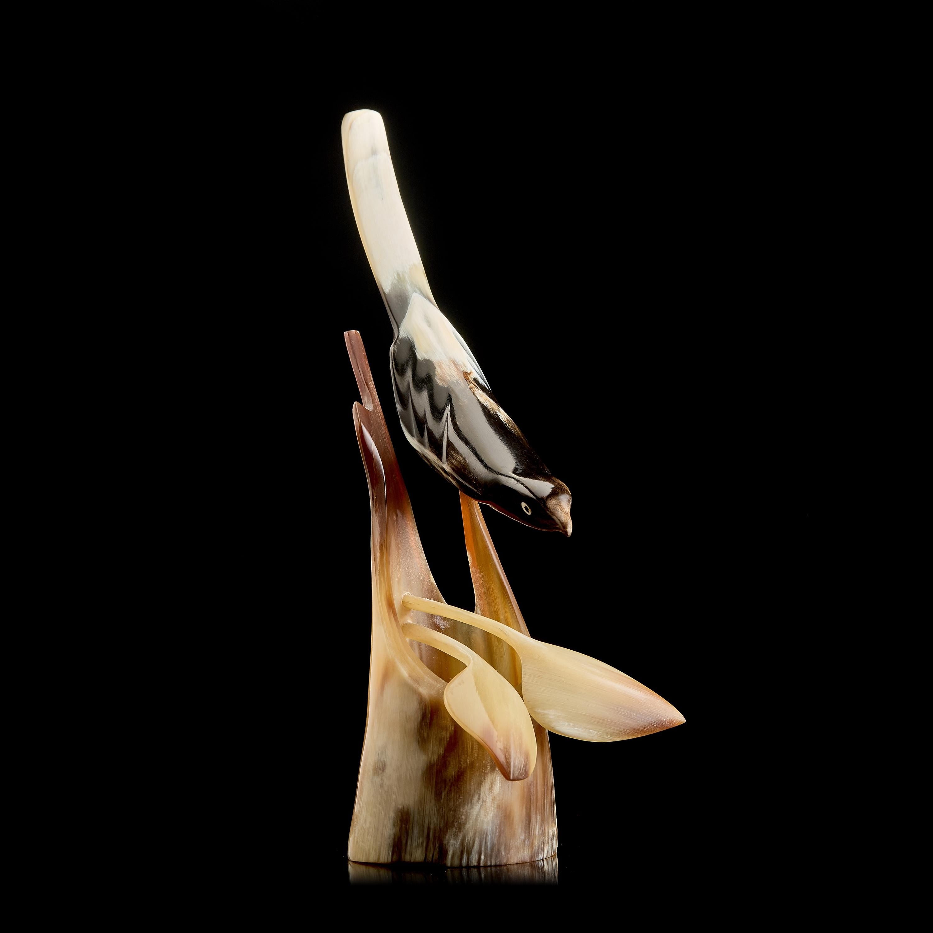 Vintage Horn Carving: Bird Figurine on Pedestal | USSR 1950s–60s, Chukchi/Yakut Art