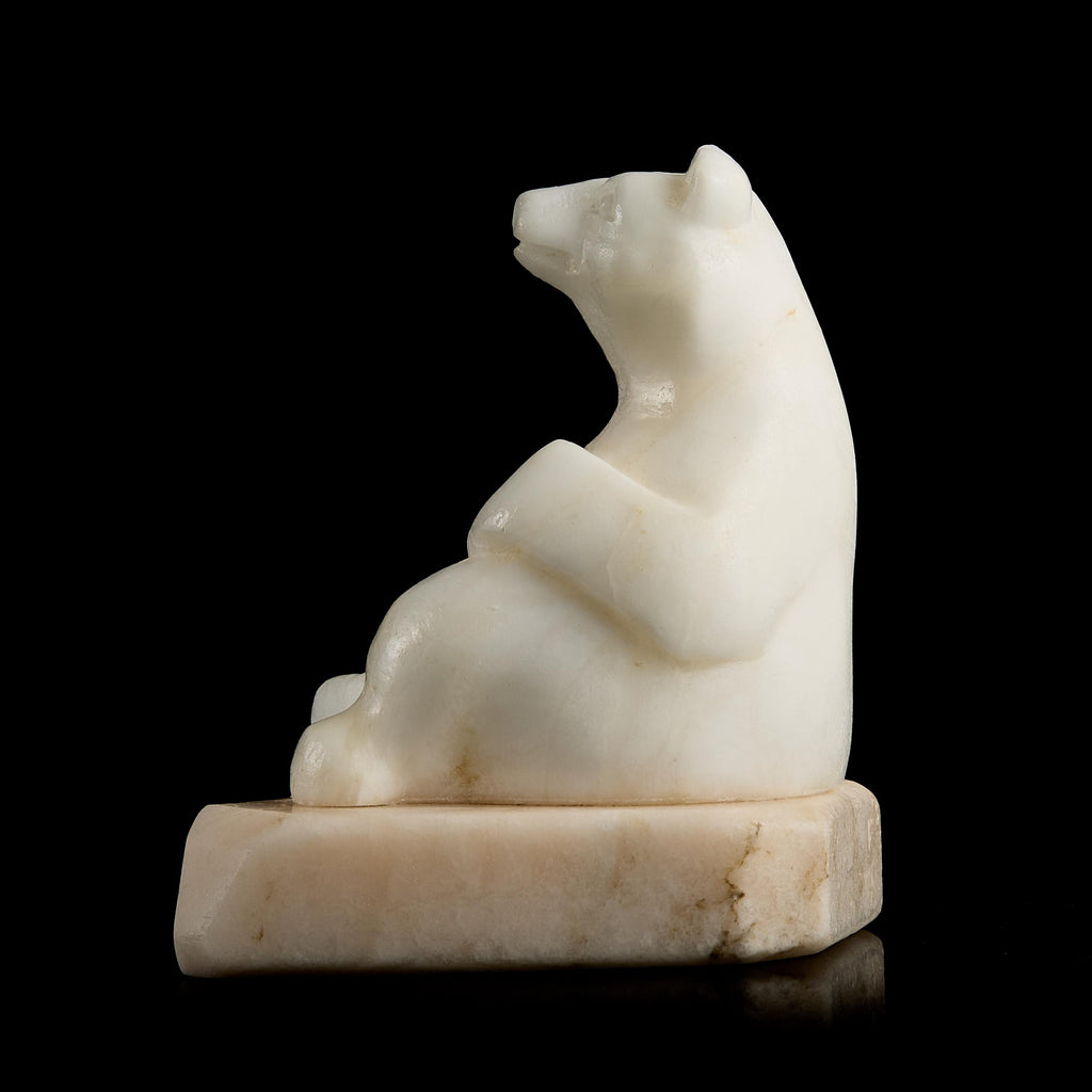 Vintage Inuit White Marble Polar Bear Figurine on Stone Pedestal | Yupik Craft, Early-Mid 20th C.