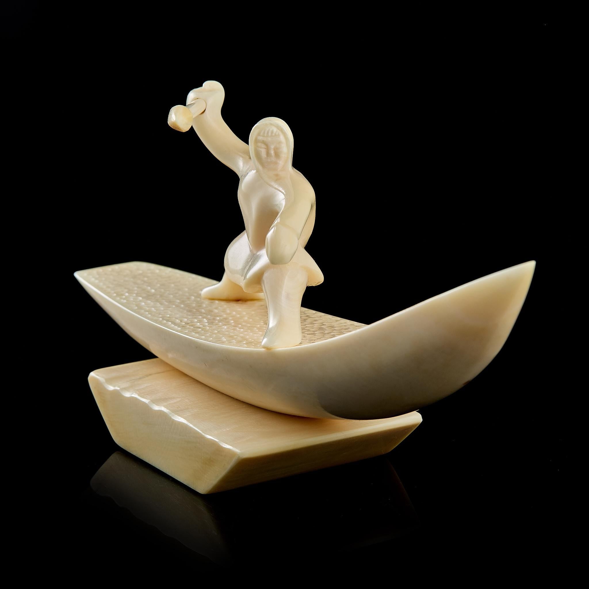 Vintage Inuit Bone Carving "Eskimo" on Pedestal | Yupik Art, Chukotka, Early-Mid 20th C.