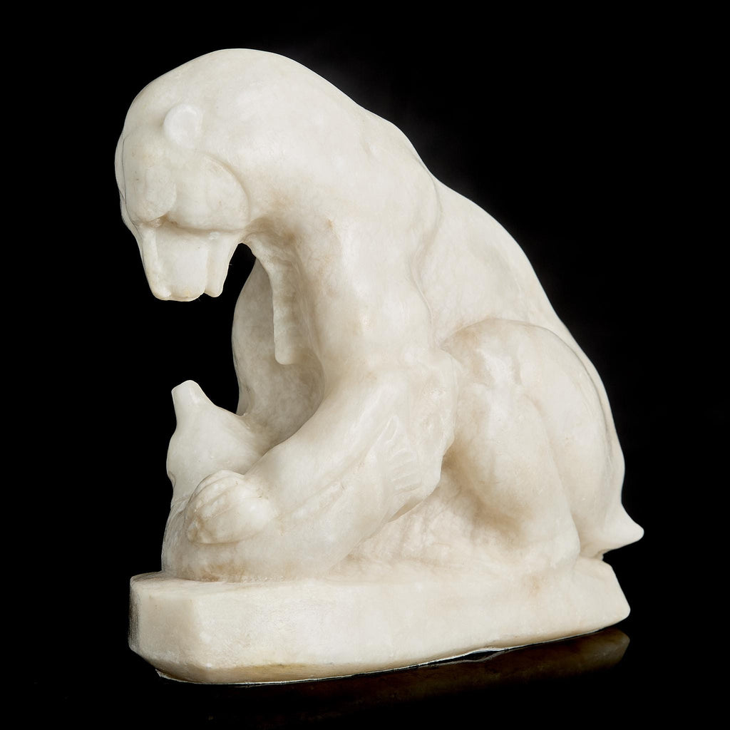 Large Antique White Marble Polar Bear Figurine with Fish | Pre-Revolutionary Russian Stone Carving, Early 20th C.