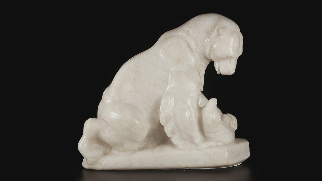 Large Antique White Marble Polar Bear Figurine with Fish | Pre-Revolutionary Russian Stone Carving, Early 20th C.