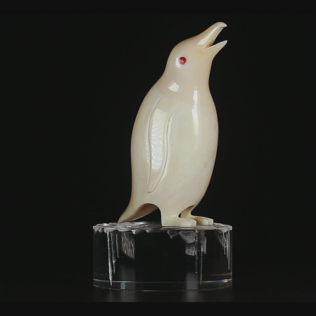 Vintage Inuit Bone Carving: Antarctic Penguin Figurine | Red Eye, Acrylic Pedestal, Early-Mid 20th C.