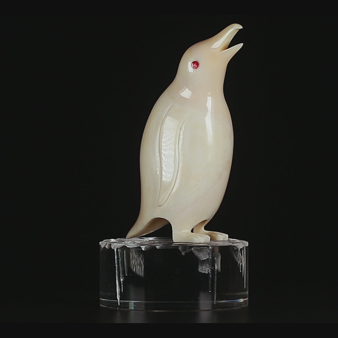Vintage Inuit Bone Carving: Antarctic Penguin Figurine | Red Eye, Acrylic Pedestal, Early-Mid 20th C.