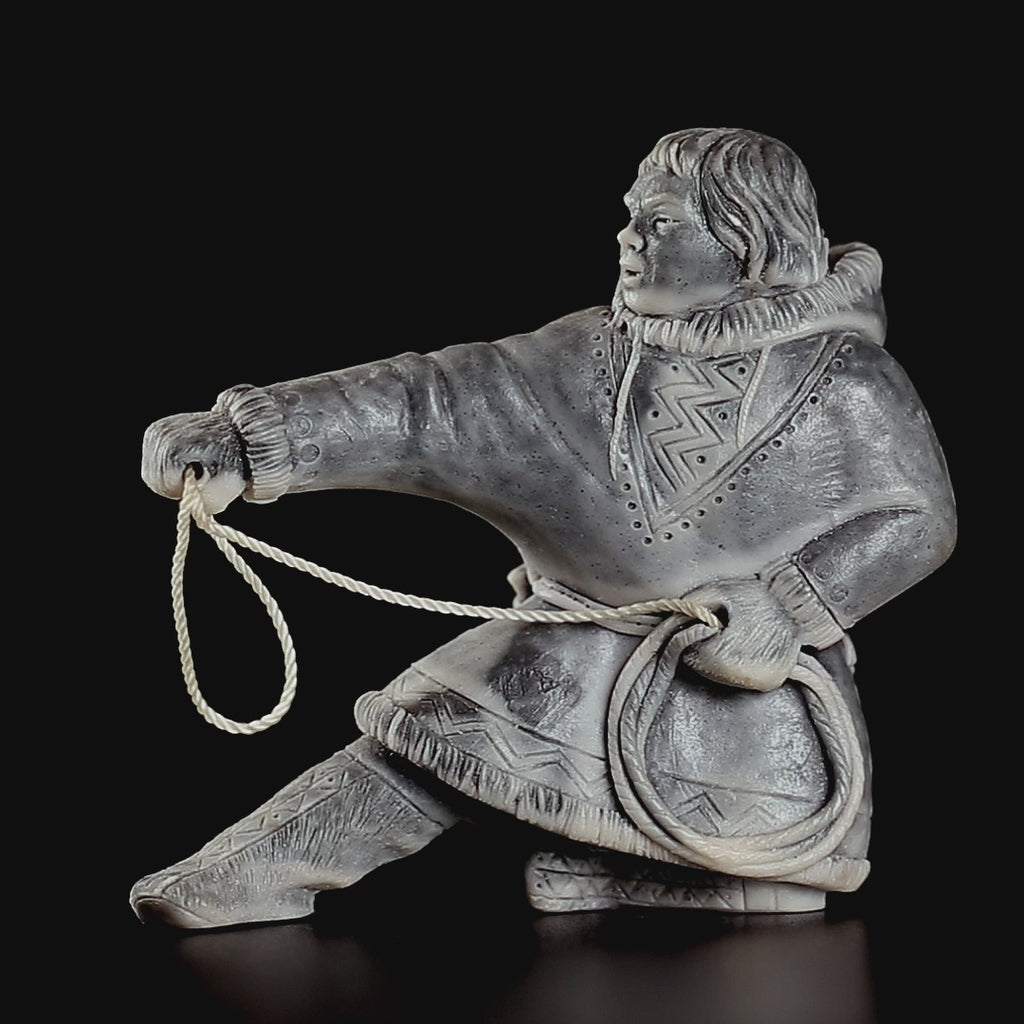 Dynamic Inuit/Chukchi Hunter Figurine in Polymer Stone | Arctic Culture Art