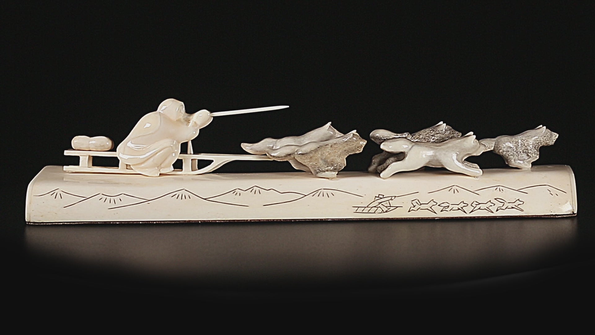 Vintage Bone Carving: "Eskimo with Dogs" Scene | Yupik Author's Sculpture, Rare Collectible