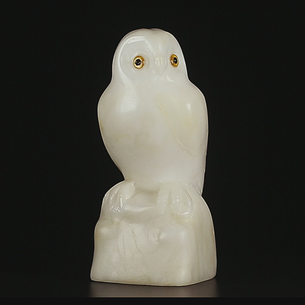 🦉 Antique White Northern Owl Figurine | Carved White Marble & Natural Amber Eyes