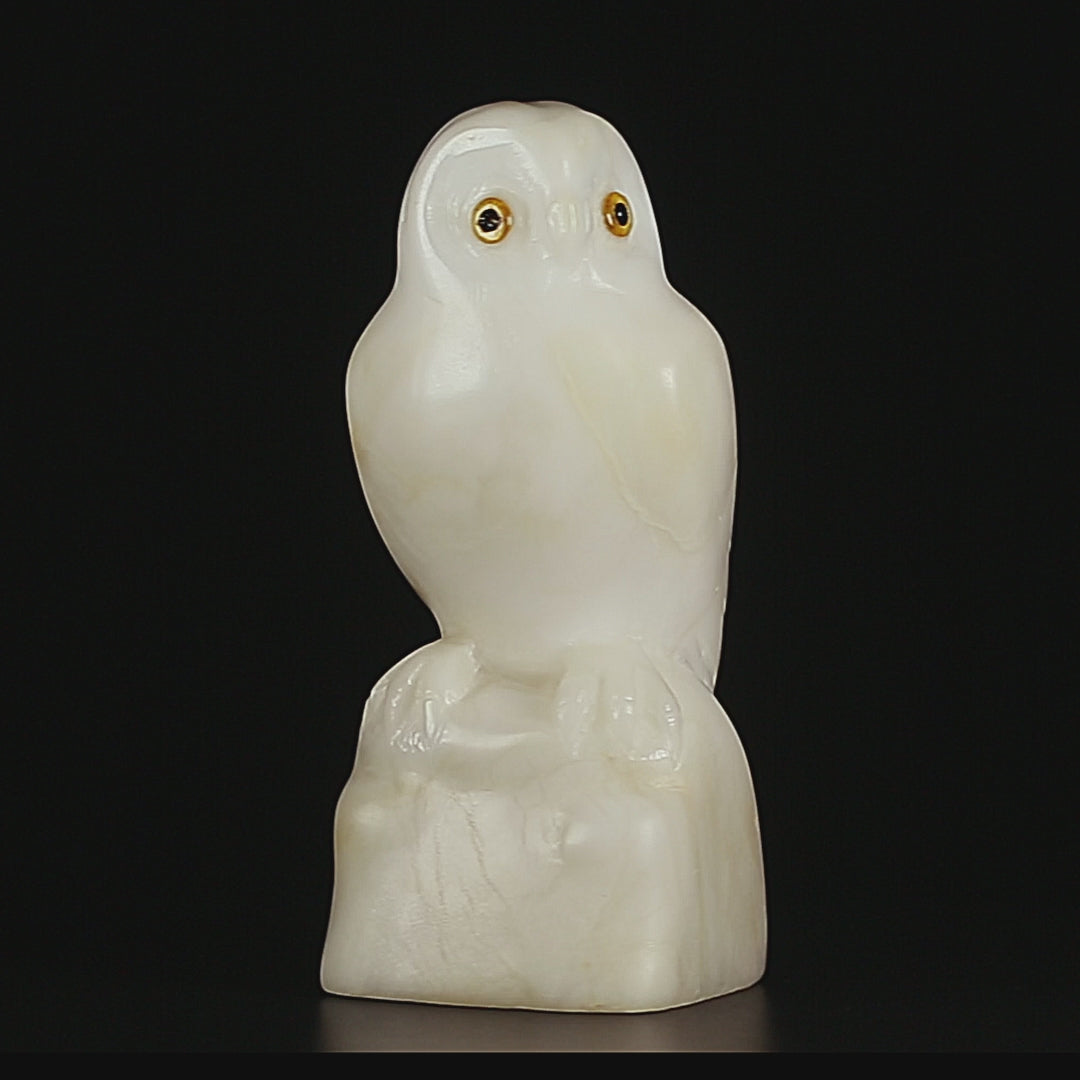 🦉 Antique White Northern Owl Figurine | Carved White Marble & Natural Amber Eyes