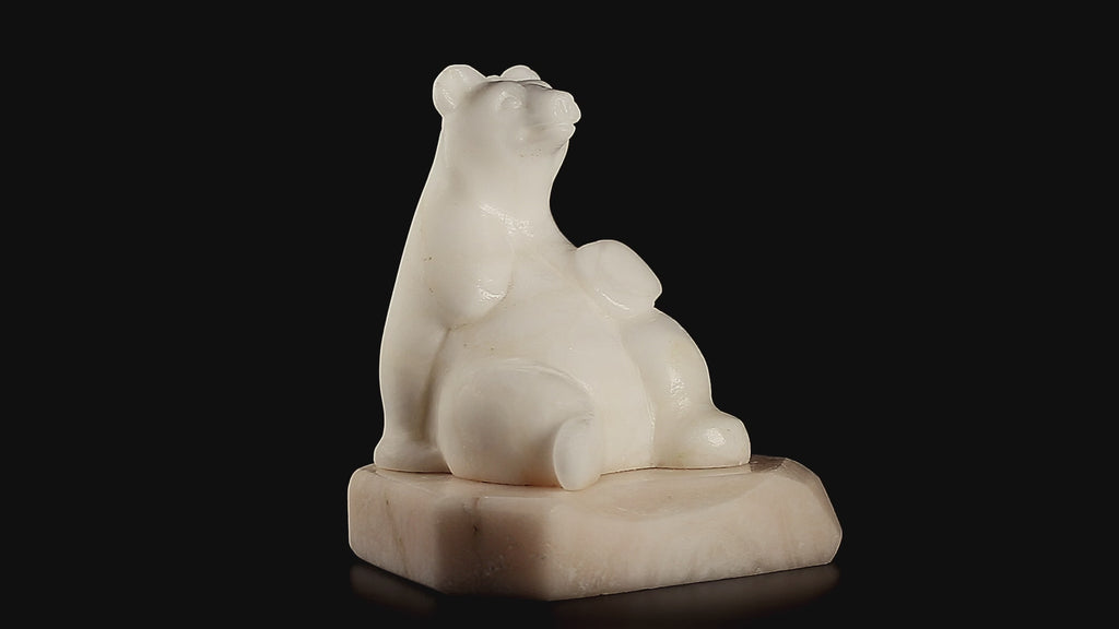 Vintage Inuit White Marble Polar Bear Figurine on Stone Pedestal | Yupik Craft, Early-Mid 20th C.