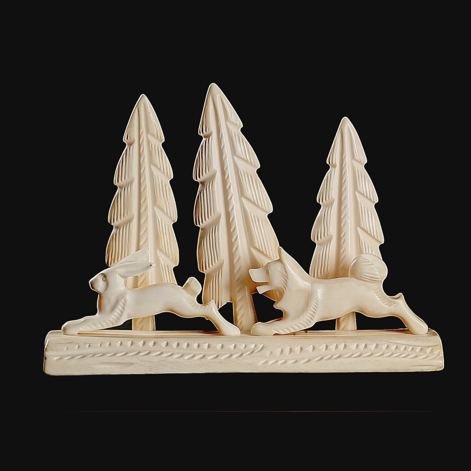 Rare Vintage Inuit Bone Carving: Forest Hunt Scene (Hare & Dog/Wolf) | USSR, Mid-20th C.